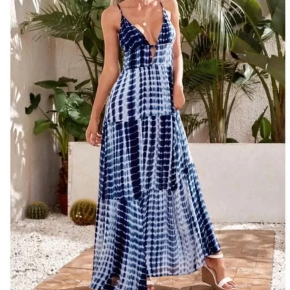 Boho Navy Blue Sexy White Tie Dye Cutout  Maxi Dress - Picture 4 of 5